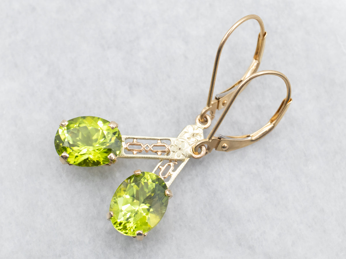 Yellow Gold Peridot Filigree Bar Drop Earrings