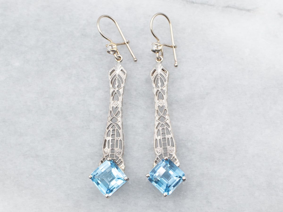 White Gold Blue Topaz Filigree Drop Earrings with Diamond Accent