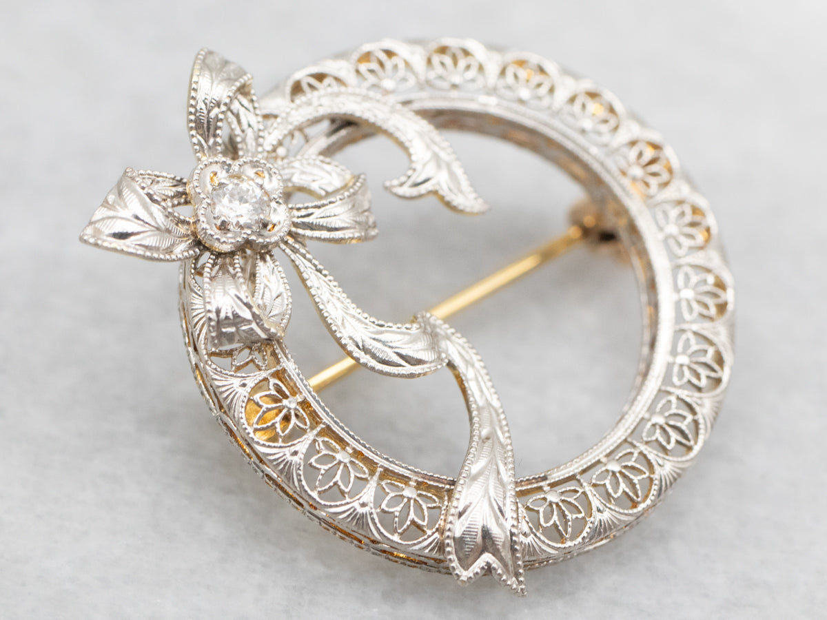 Mixed Metal European Cut Diamond Brooch with Bow Detail