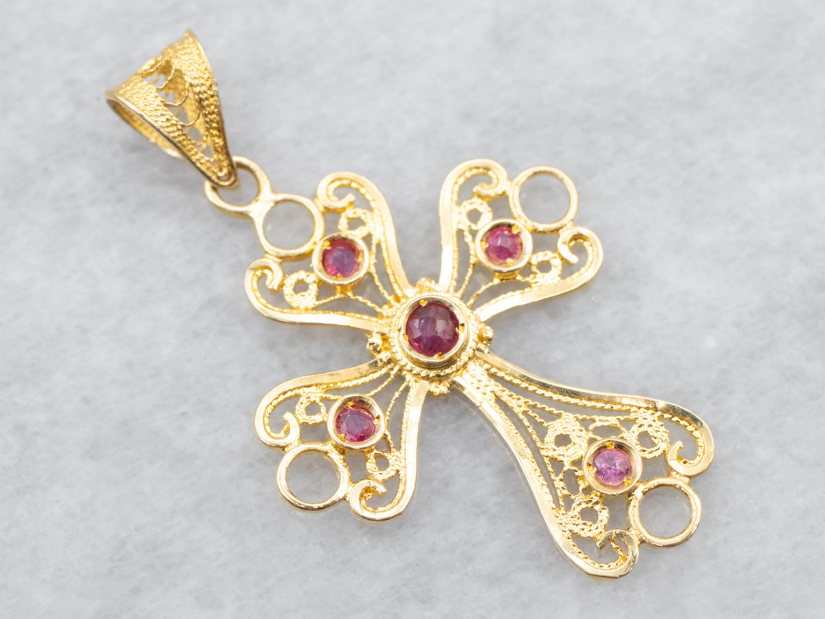 Yellow Gold Filigree Cross Pendant with Ruby Accents