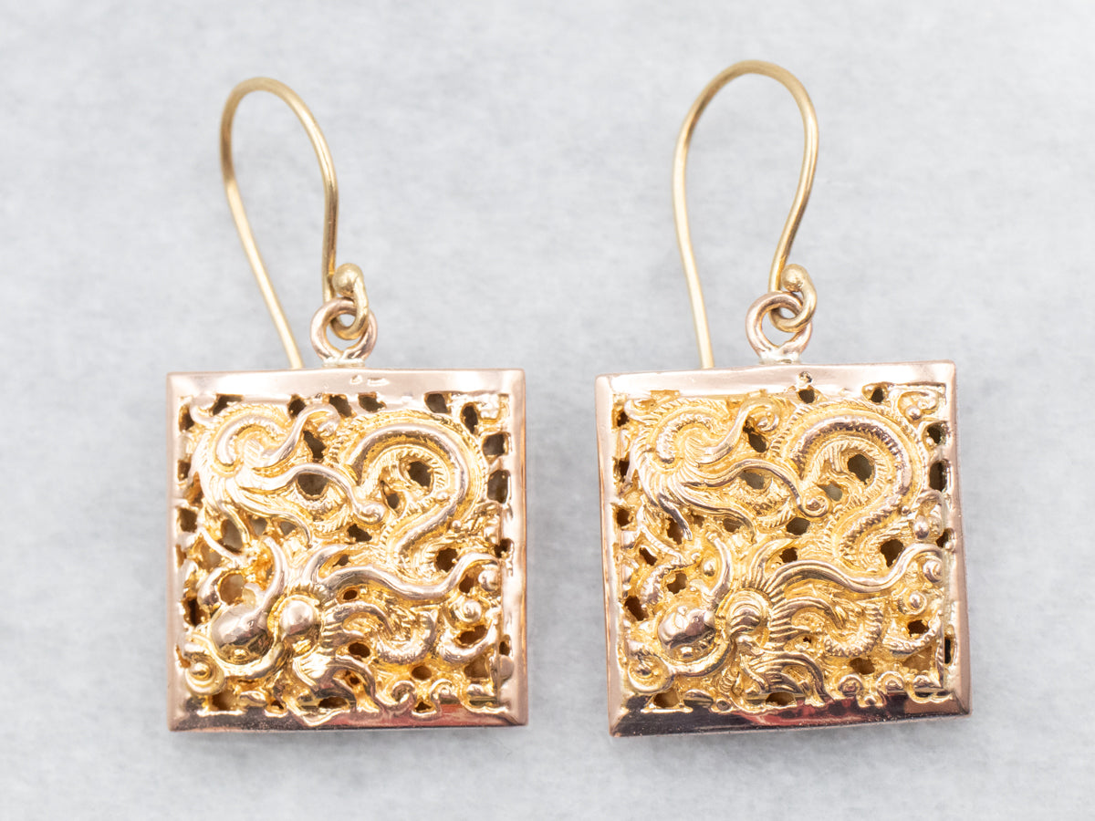 Yellow Gold Ornate Filigree Square Shaped Drop Earrings