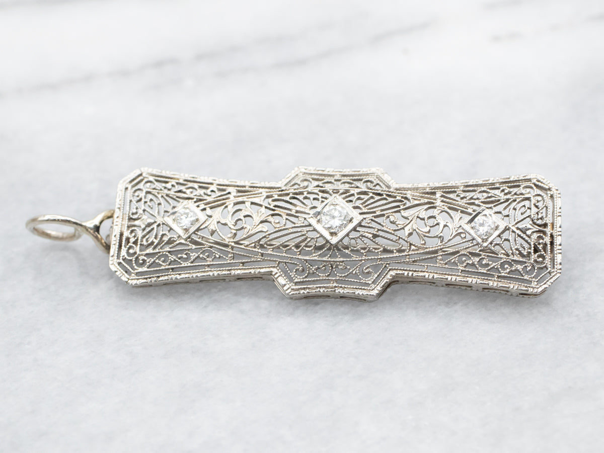 White Gold Art Deco European Cut Diamond Filigree Brooch or Pendant