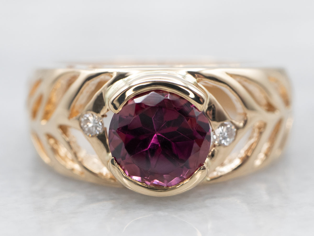 Yellow Gold Rhodolite Garnet Ring with Diamond Accents