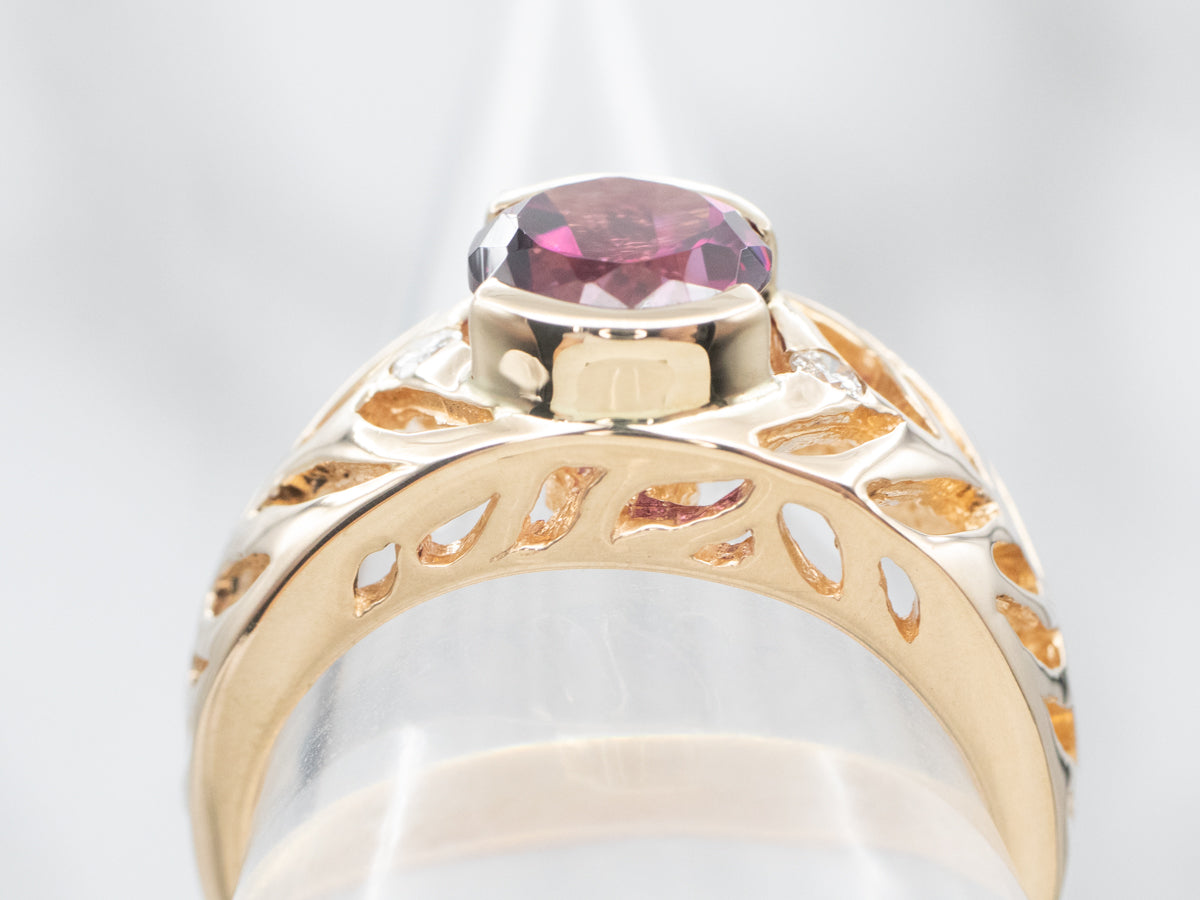 Yellow Gold Rhodolite Garnet Ring with Diamond Accents