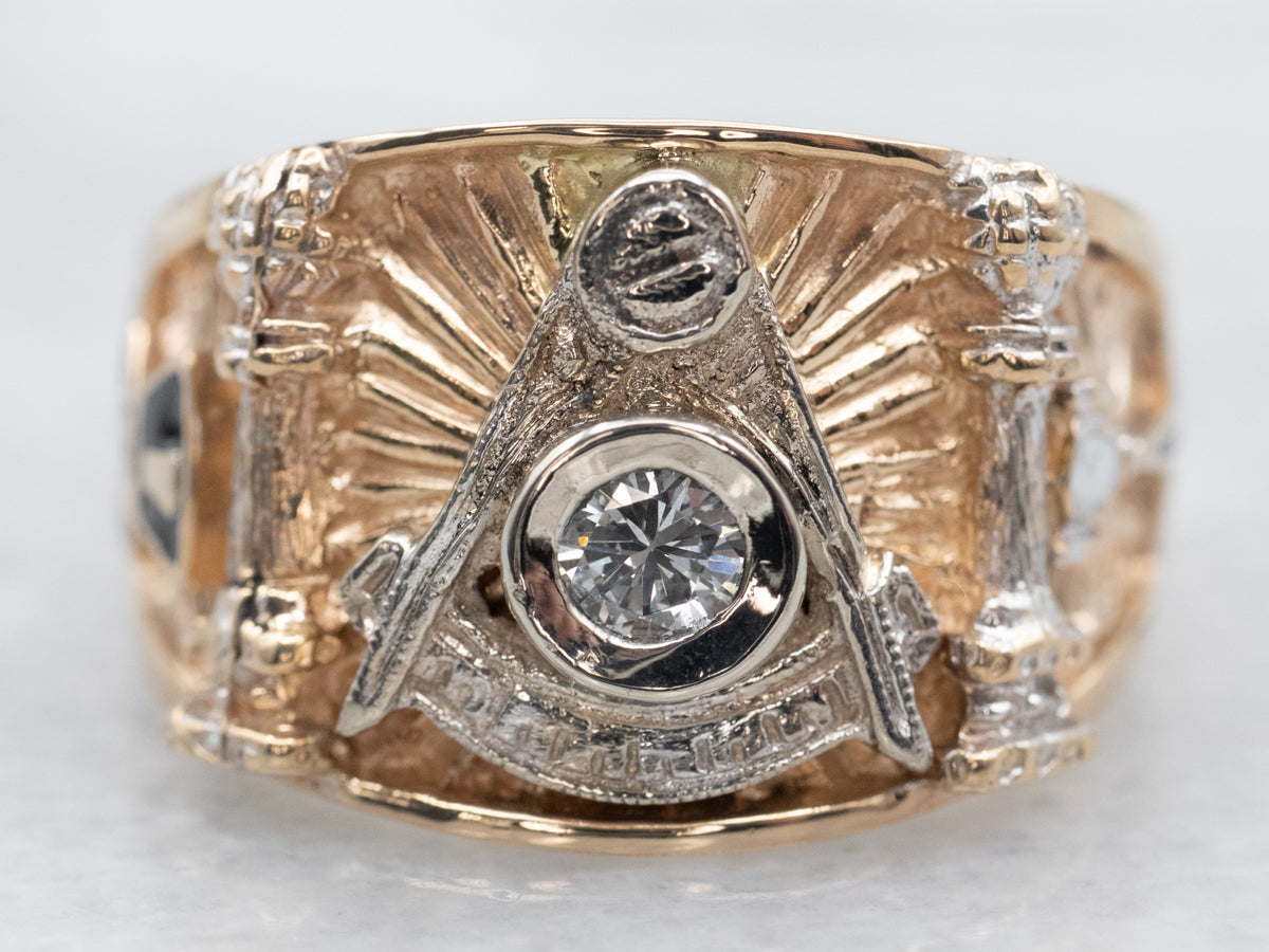 Two Tone Diamond and Enamel Masonic Ring