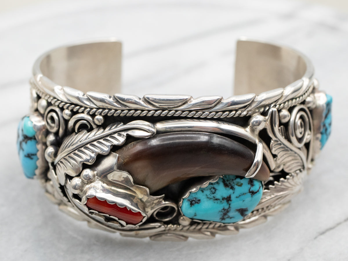 Sterling Silver Turquoise Coral and Claw Cuff Bracelet by Navajo Artist Sherry Sandoval