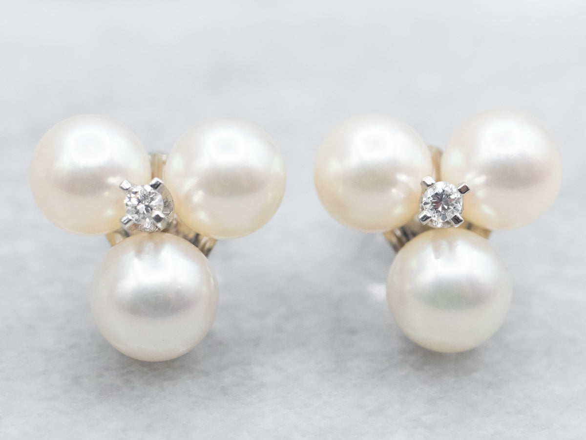 Saltwater Pearl and Diamond Cluster Stud Earrings