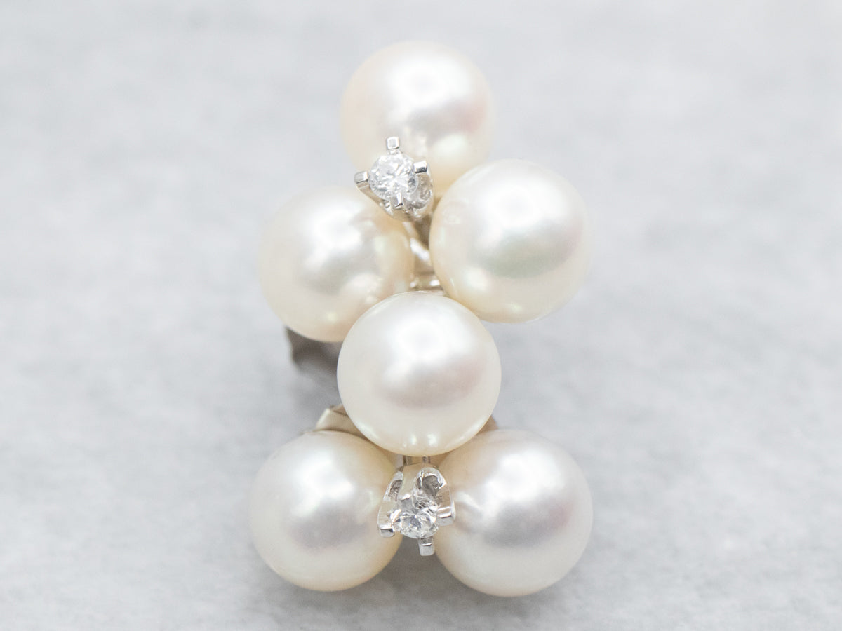 Saltwater Pearl and Diamond Cluster Stud Earrings