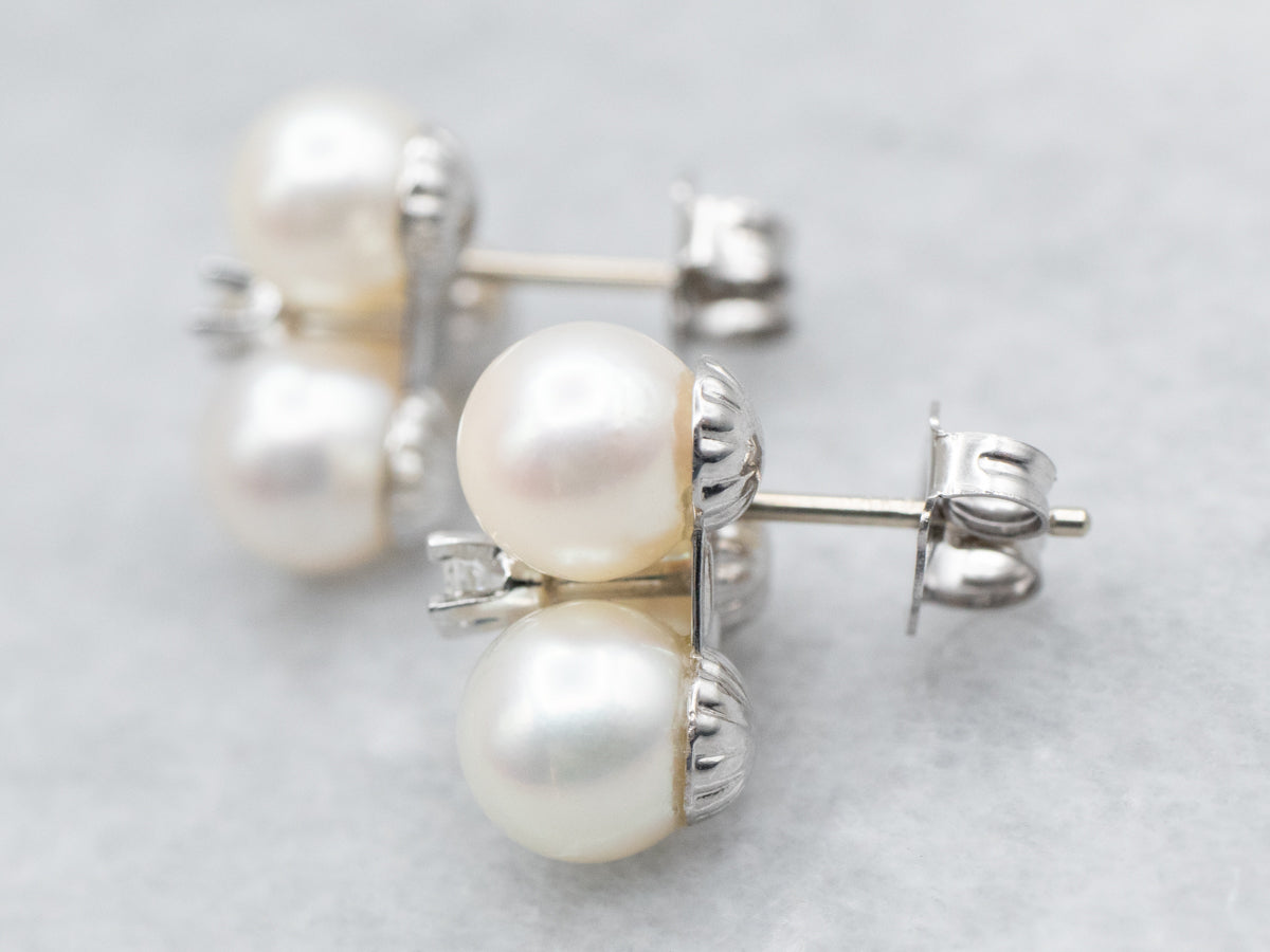 Saltwater Pearl and Diamond Cluster Stud Earrings