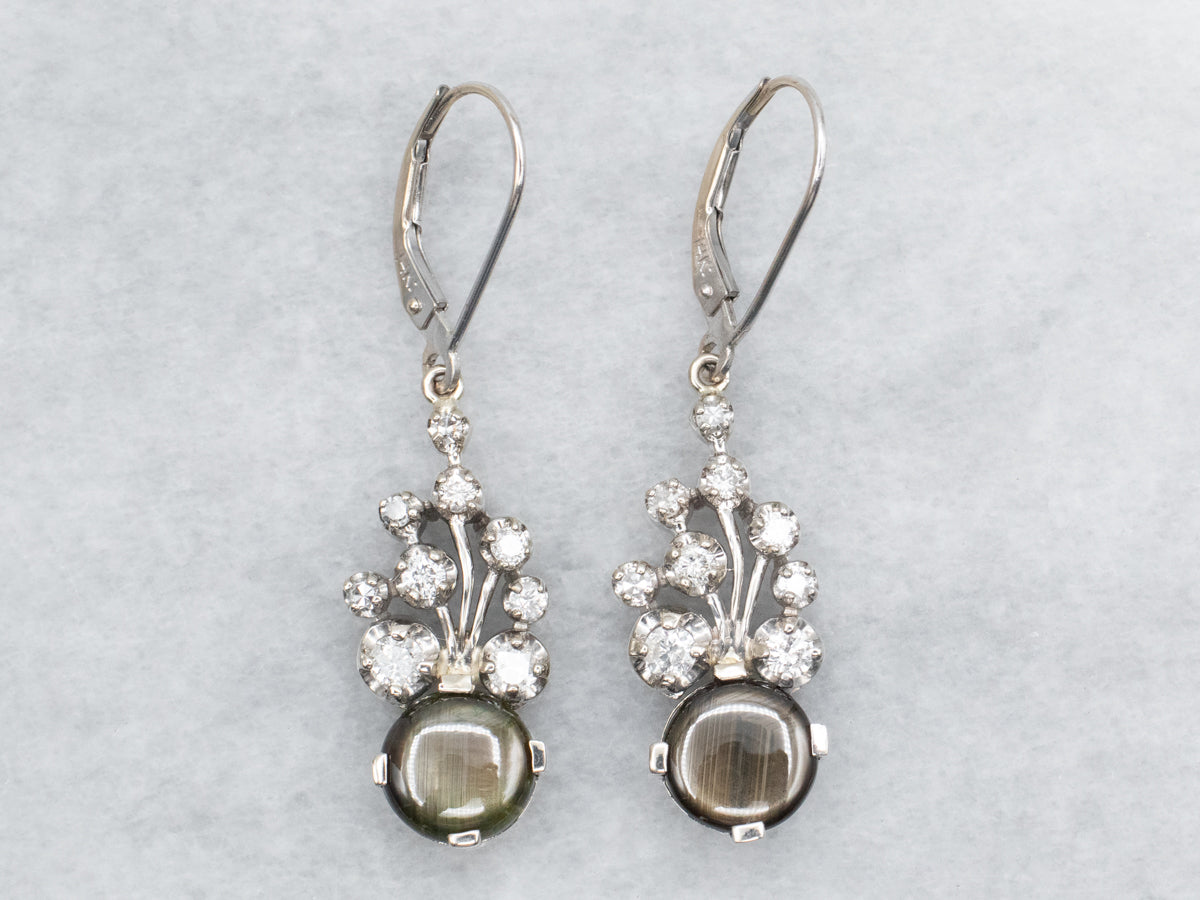 White Gold Black Sapphire and Diamond Drop Earrings