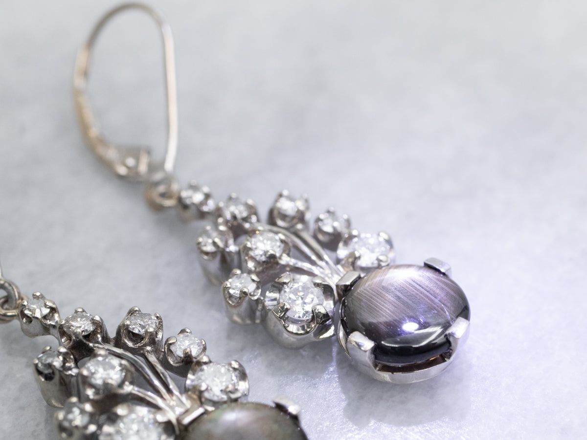 White Gold Black Sapphire and Diamond Drop Earrings