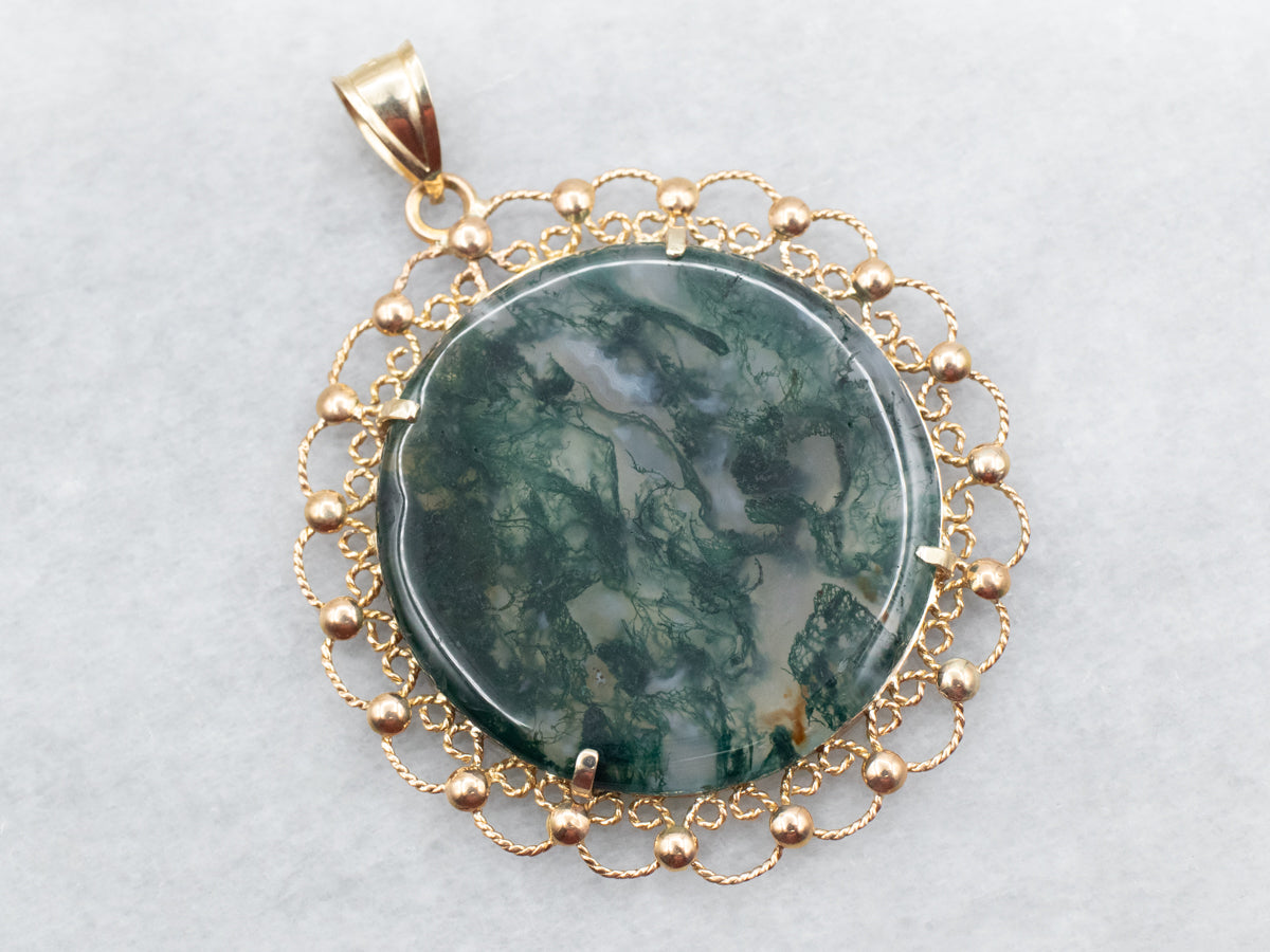 Scrolling Gold Moss Agate Pendant