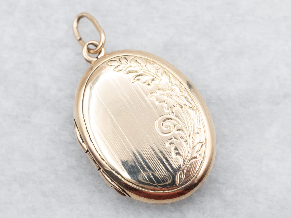 Vintage Gold Locket with Etched Botanical Motif