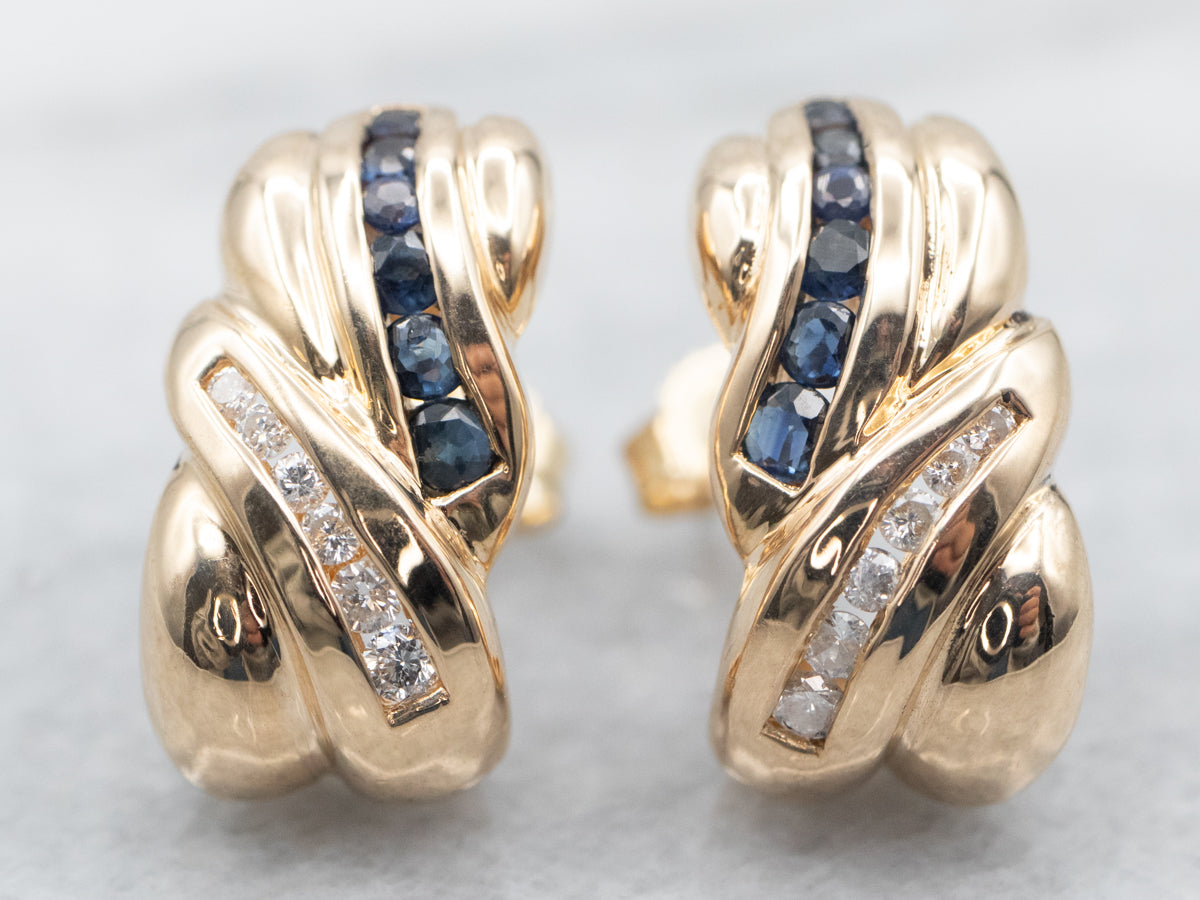 Yellow Gold 1980&#39;s Sapphire and Diamond Swirling Stud Earrings