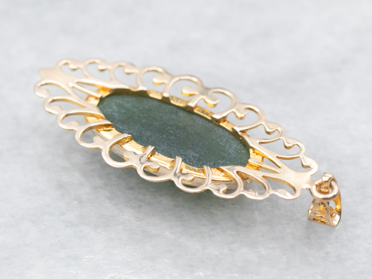 Yellow Gold Jade Pendant with Scrolling Frame