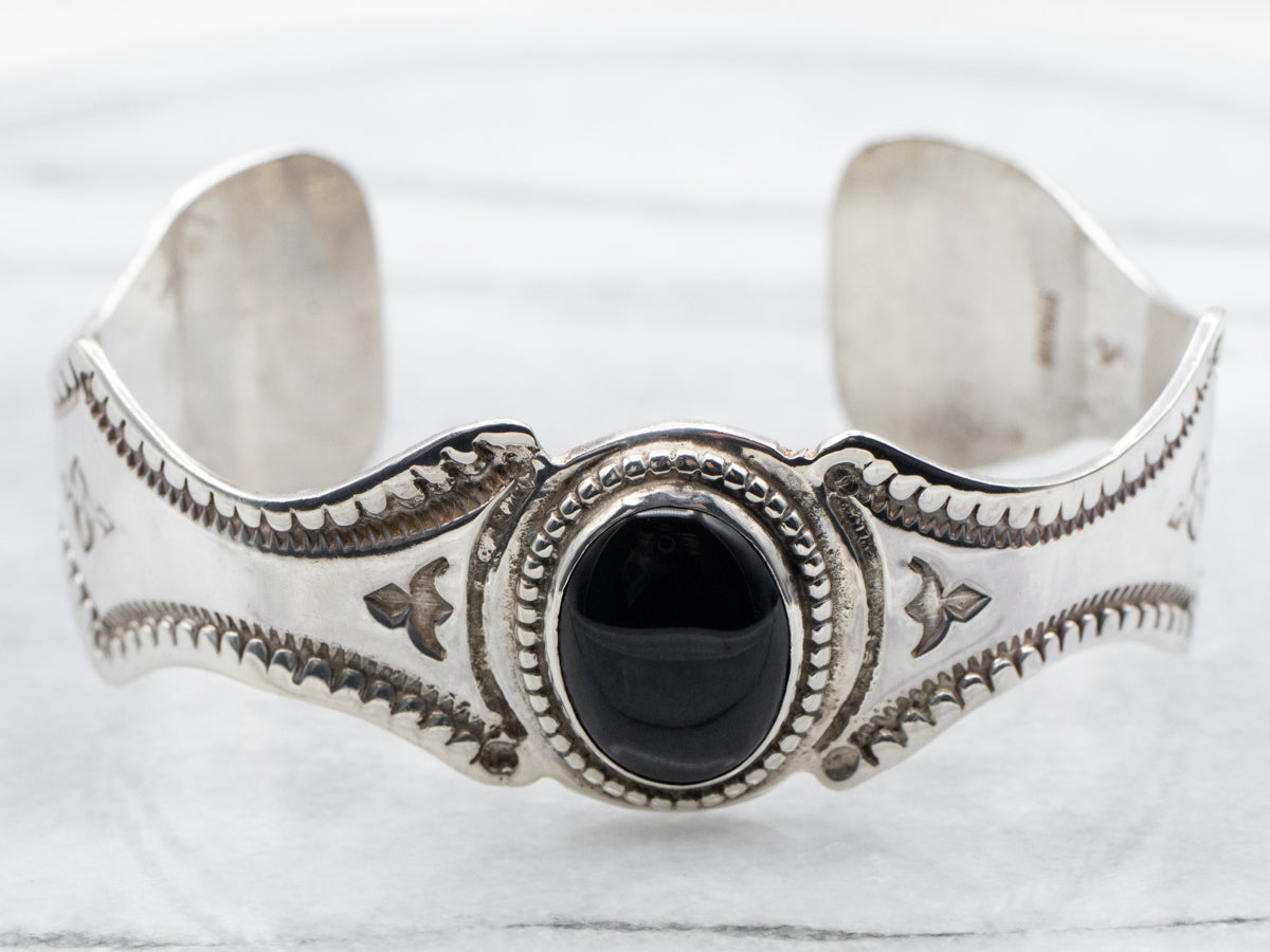 Sterling Silver Oval Cut Black Onyx Native American Made Cuff Bracelet