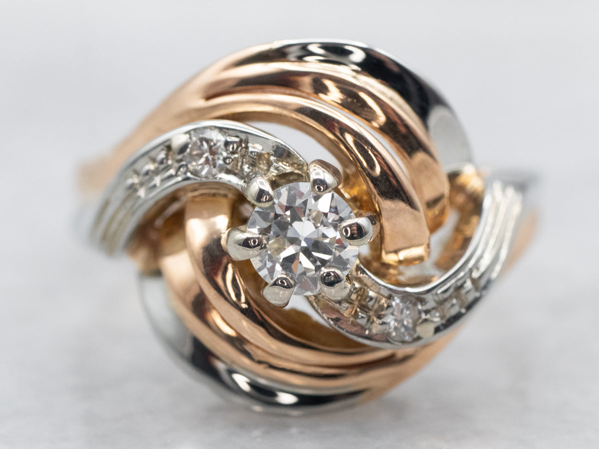 Swirling Retro Era European Cut Diamond Cocktail Ring