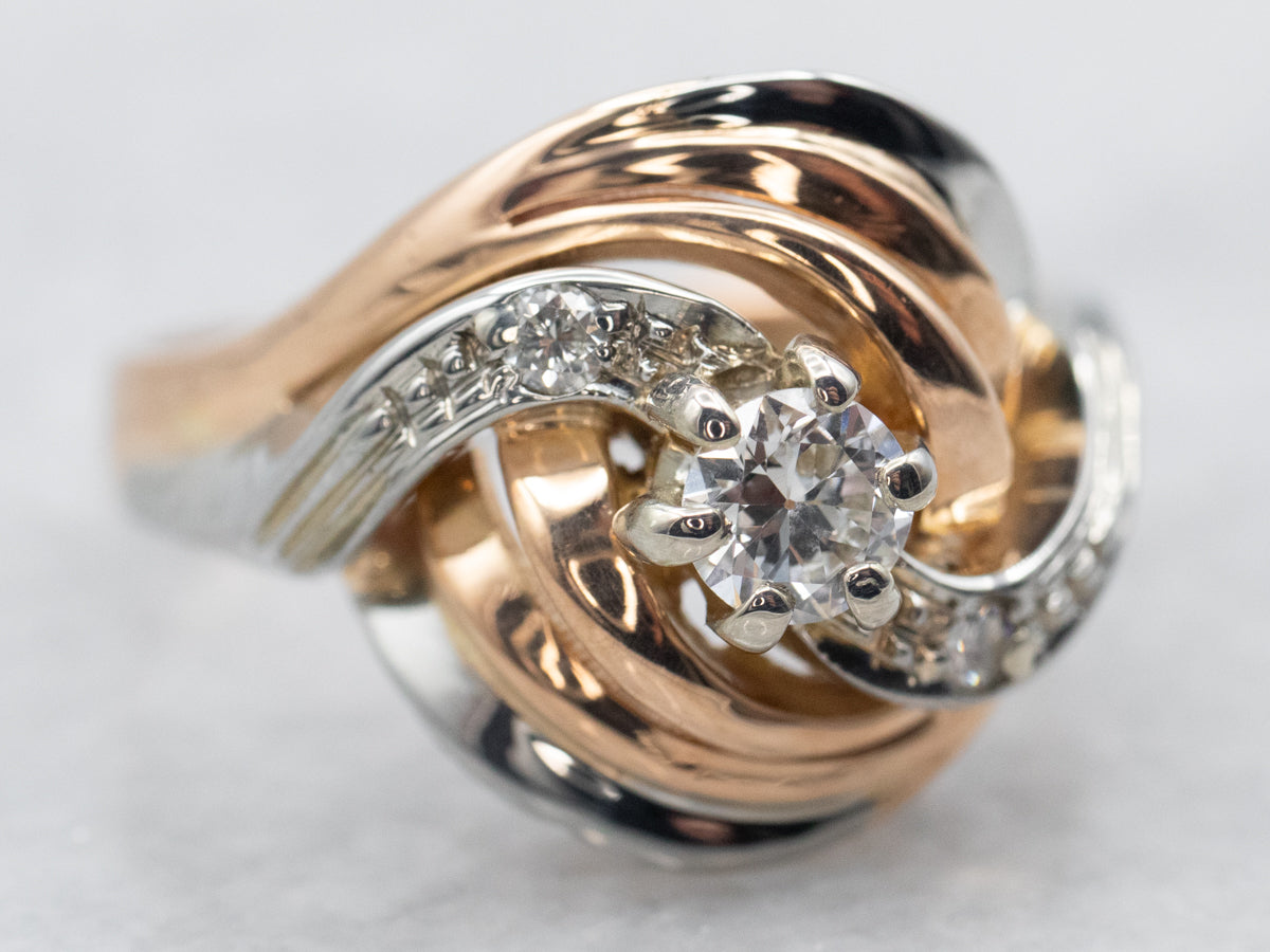 Swirling Retro Era European Cut Diamond Cocktail Ring