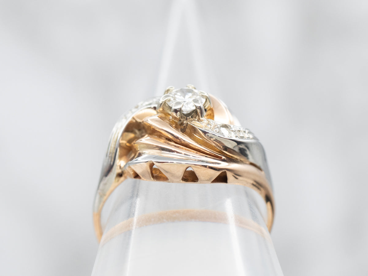 Swirling Retro Era European Cut Diamond Cocktail Ring