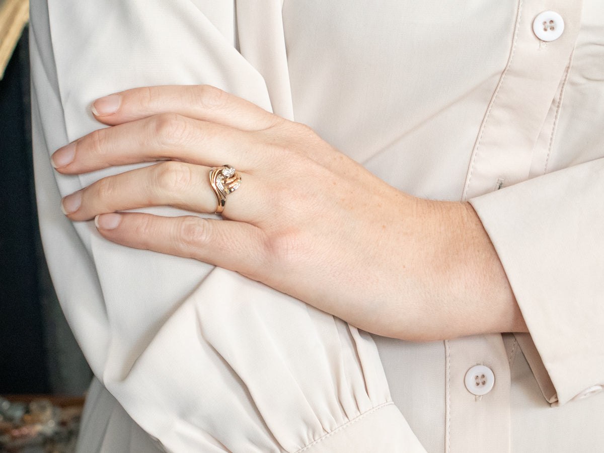 Swirling Retro Era European Cut Diamond Cocktail Ring