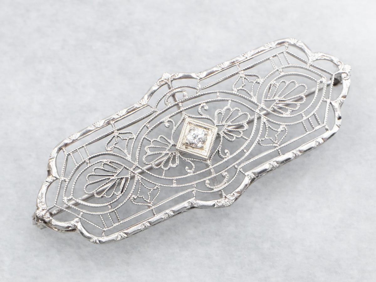 Art Deco Old Mine Cut Diamond Filigree Brooch