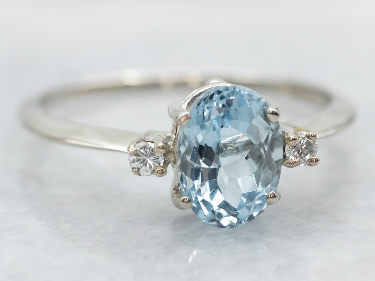 White Gold Oval Cut Aquamarine Ring with Diamond Accents