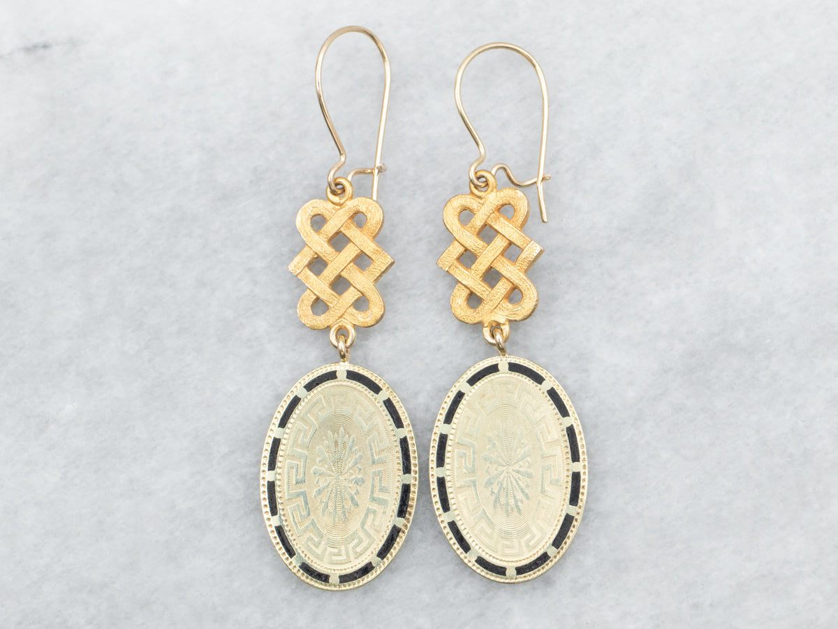 Yellow Gold Black Enamel Oval Drop Earrings with Celtic Knot