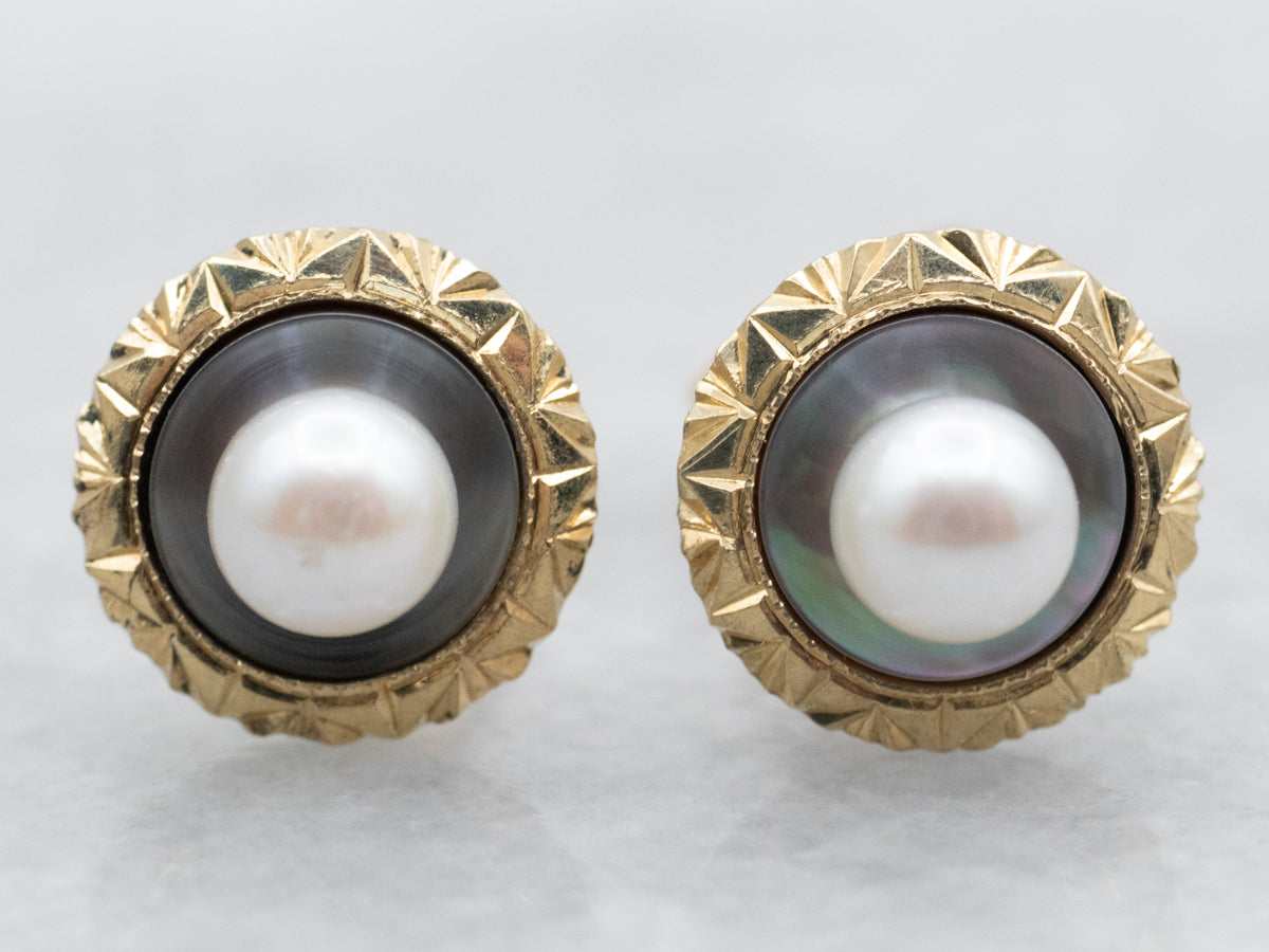 Yellow Gold Pearl and Mother of Pearl Stud Earrings