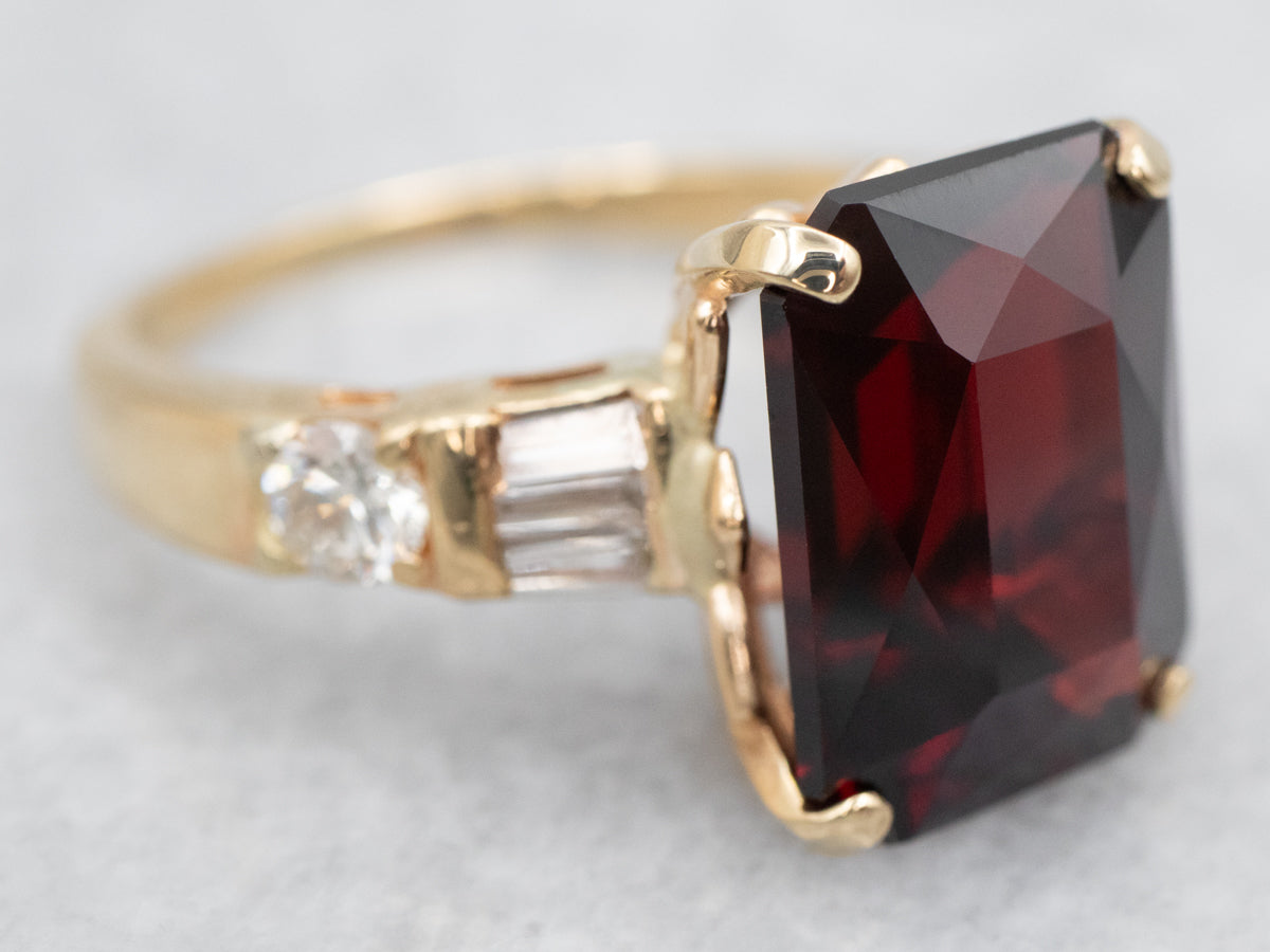 Yellow Gold Emerald Cut Garnet Cocktail Ring with Diamond Accents