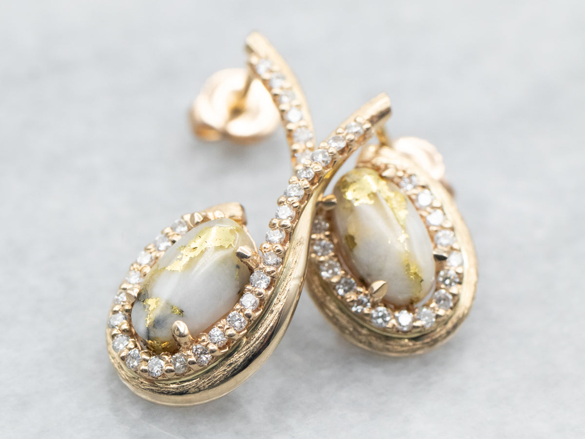 Yellow Gold Oval Cut White Quartz with Gold Veining and Diamond Earrings