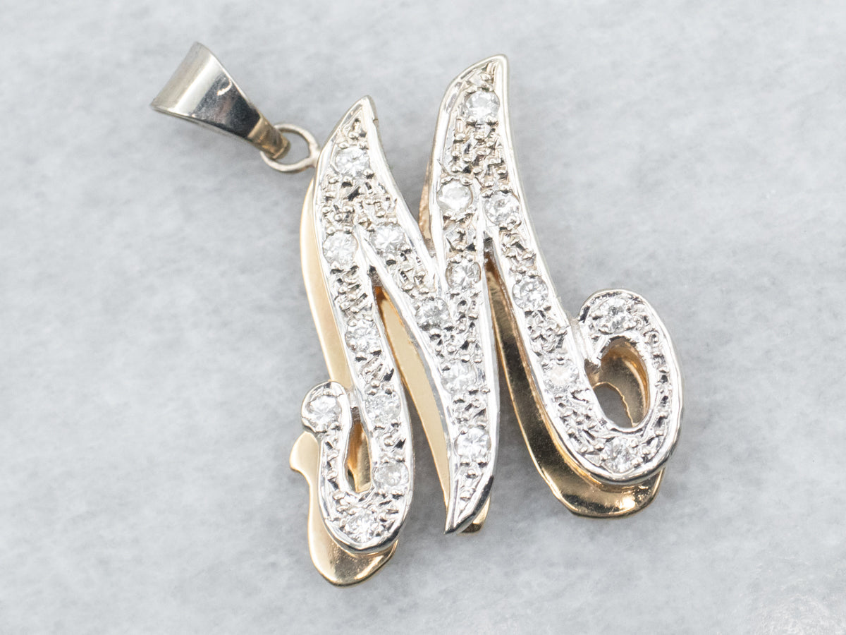 Two Tone White and Yellow Gold Diamond "M" Pendant