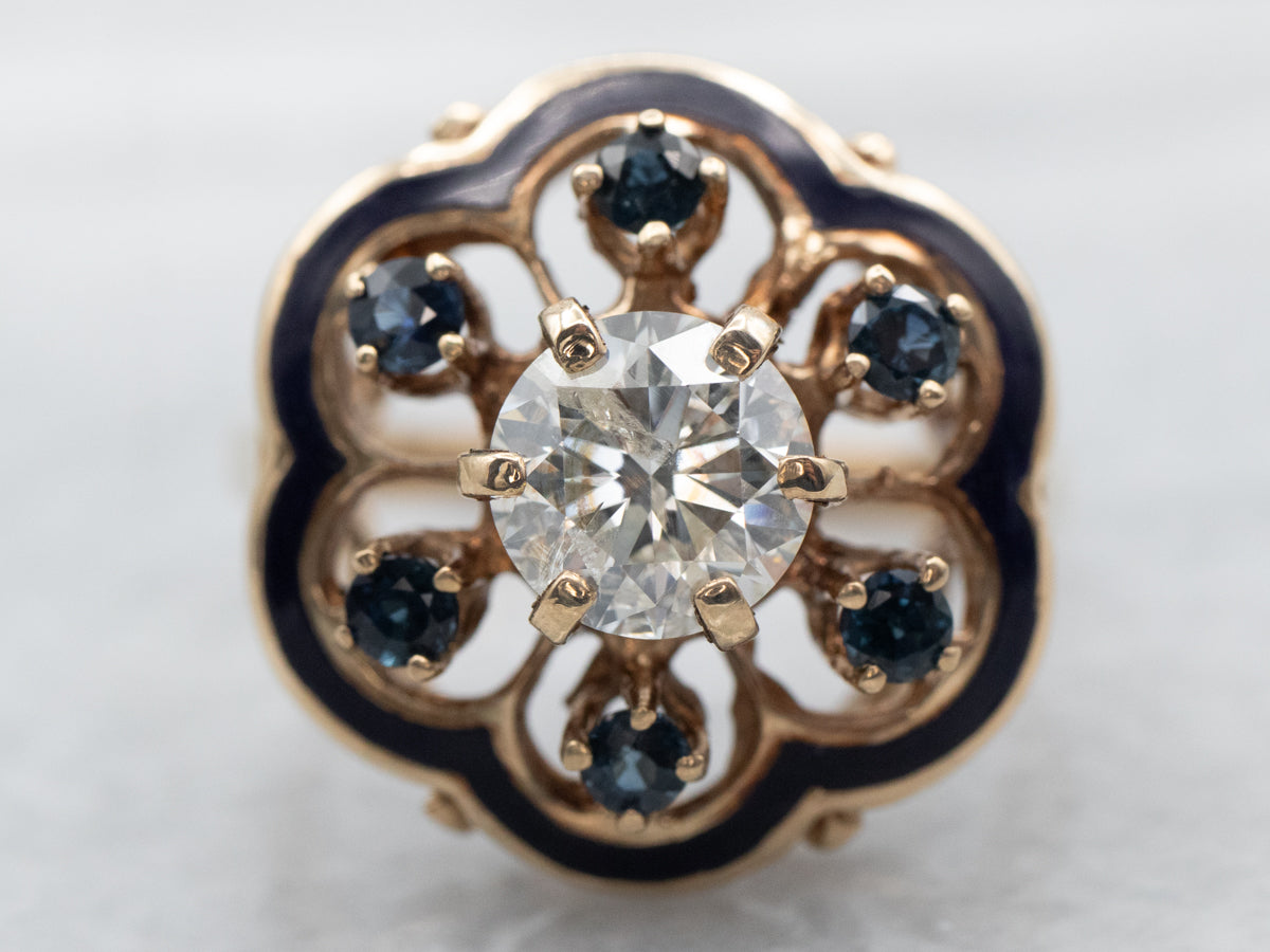 Vintage Diamond and Sapphire Enamel Flower Ring