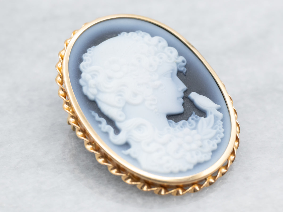 Yellow Gold Onyx Lady and Bird Cameo Brooch or Pendant with Twisted Fr