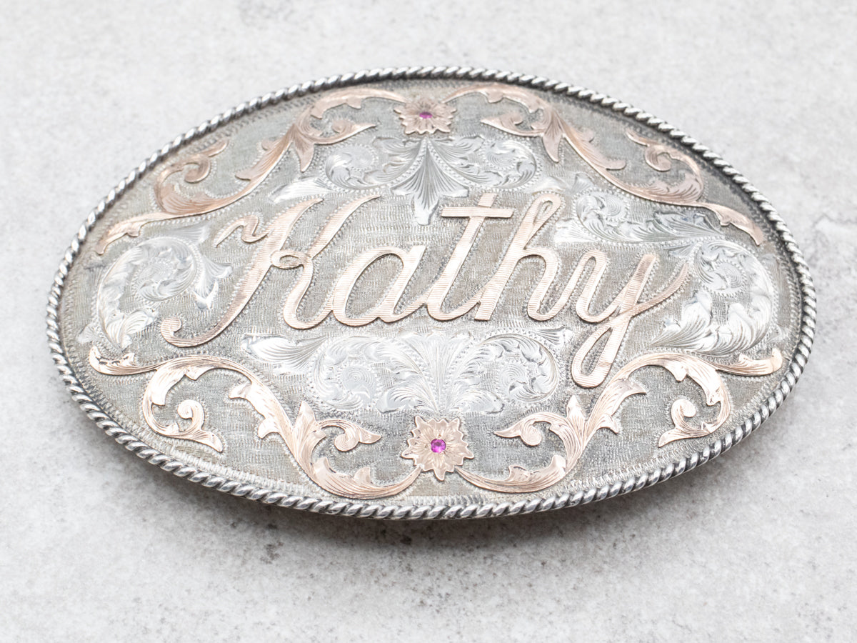 Sterling Silver and Rose Gold &quot;KATHY&quot; Belt Buckle with Ruby Accents