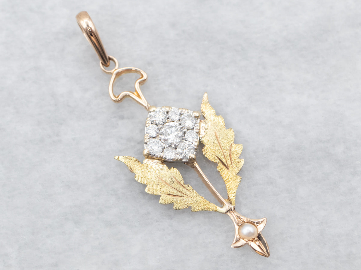 Yellow Gold Diamond Cluster Pendant with Seed Pearl Accent