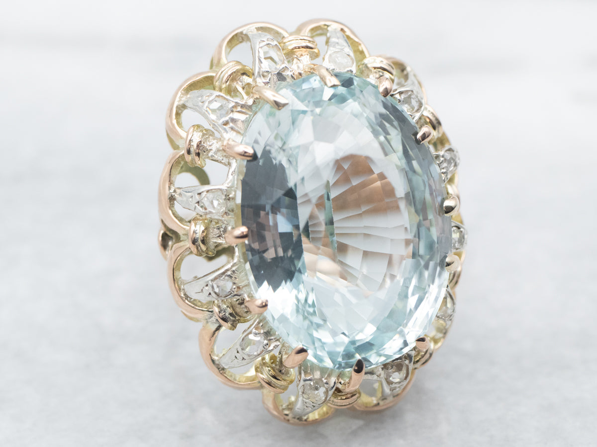 Scalloped Blue Topaz Cocktail Ring with Diamond Halo