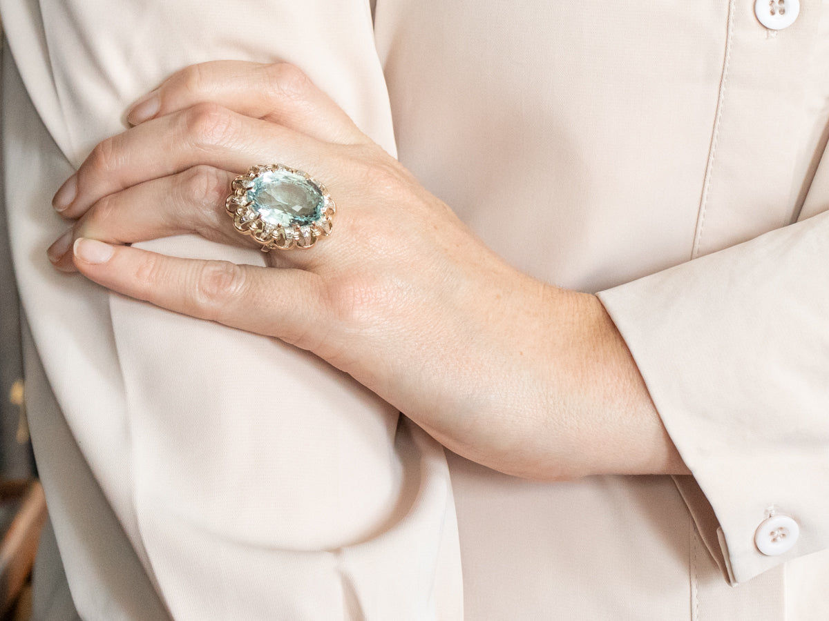 Scalloped Blue Topaz Cocktail Ring with Diamond Halo