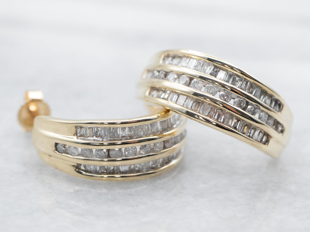 Sparkling Round and Baguette Cut Diamond Hoop Earrings