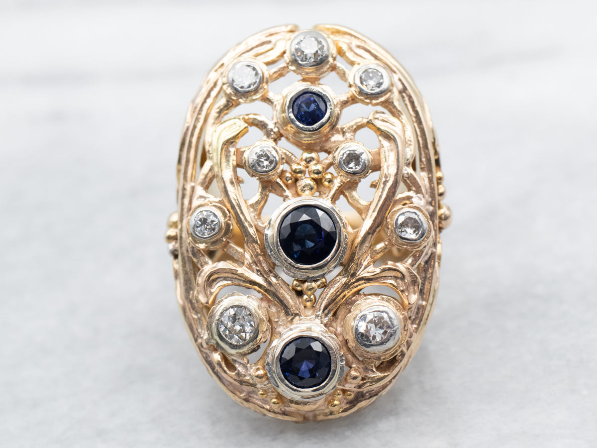 Bold Scrolling Gold Sapphire and Diamond Statement Ring