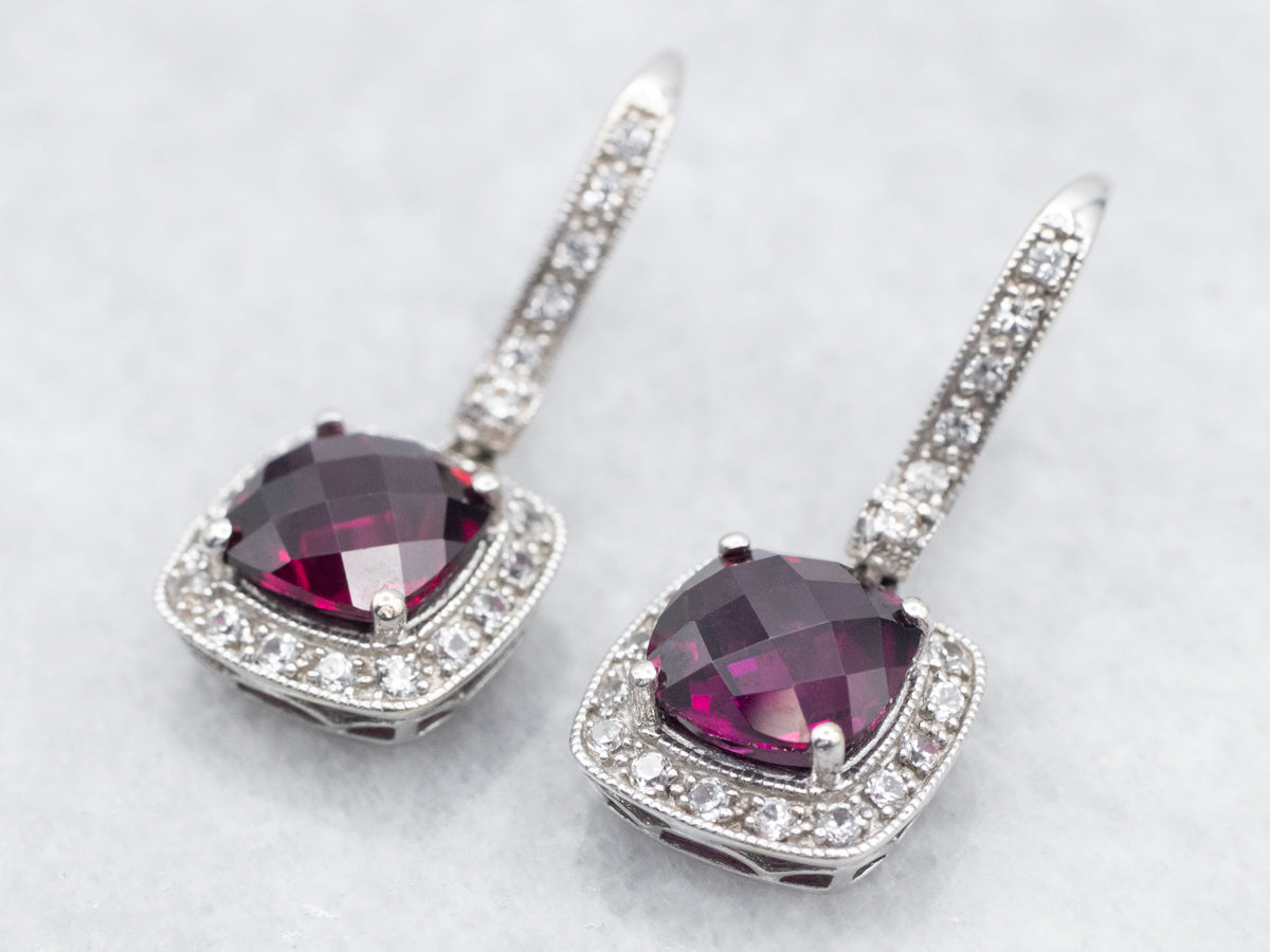 Rhodolite Garnet Drop Earrings with Diamond Halo