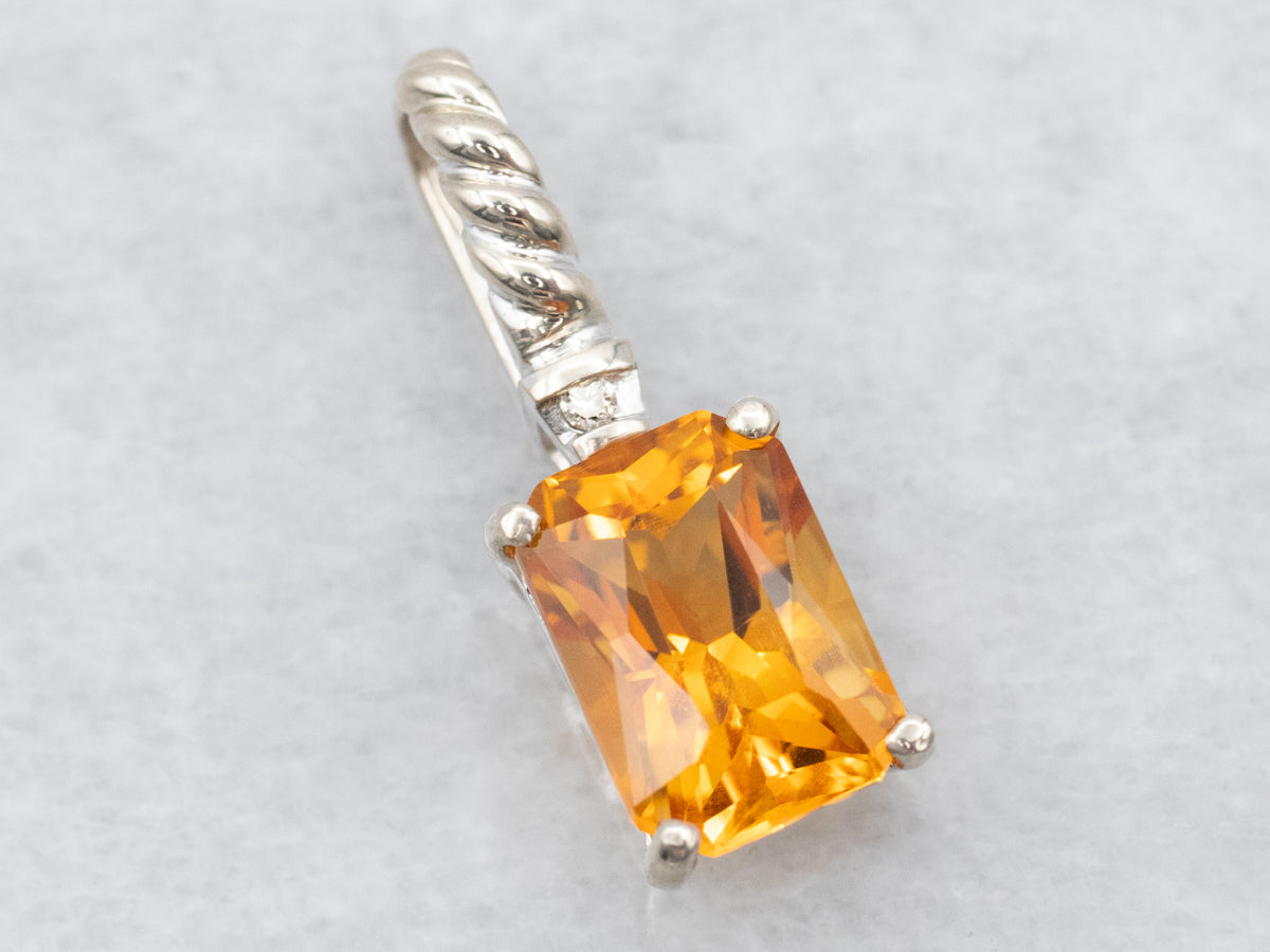 Emerald Cut Citrine Pendant with Diamond Accent