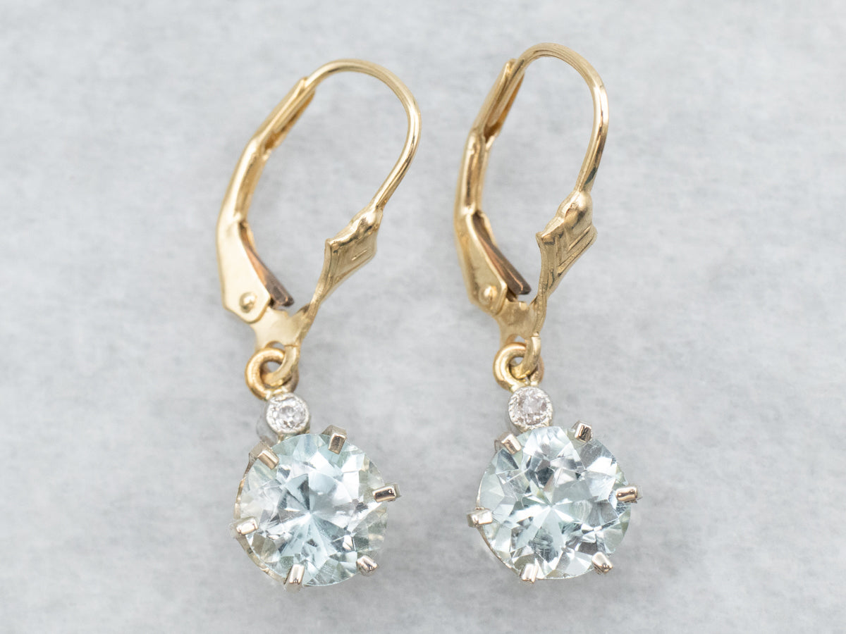 Yellow and White Gold Round Cut Blue Topaz Drop Earrings with Old Mine Cut Diamond Accents