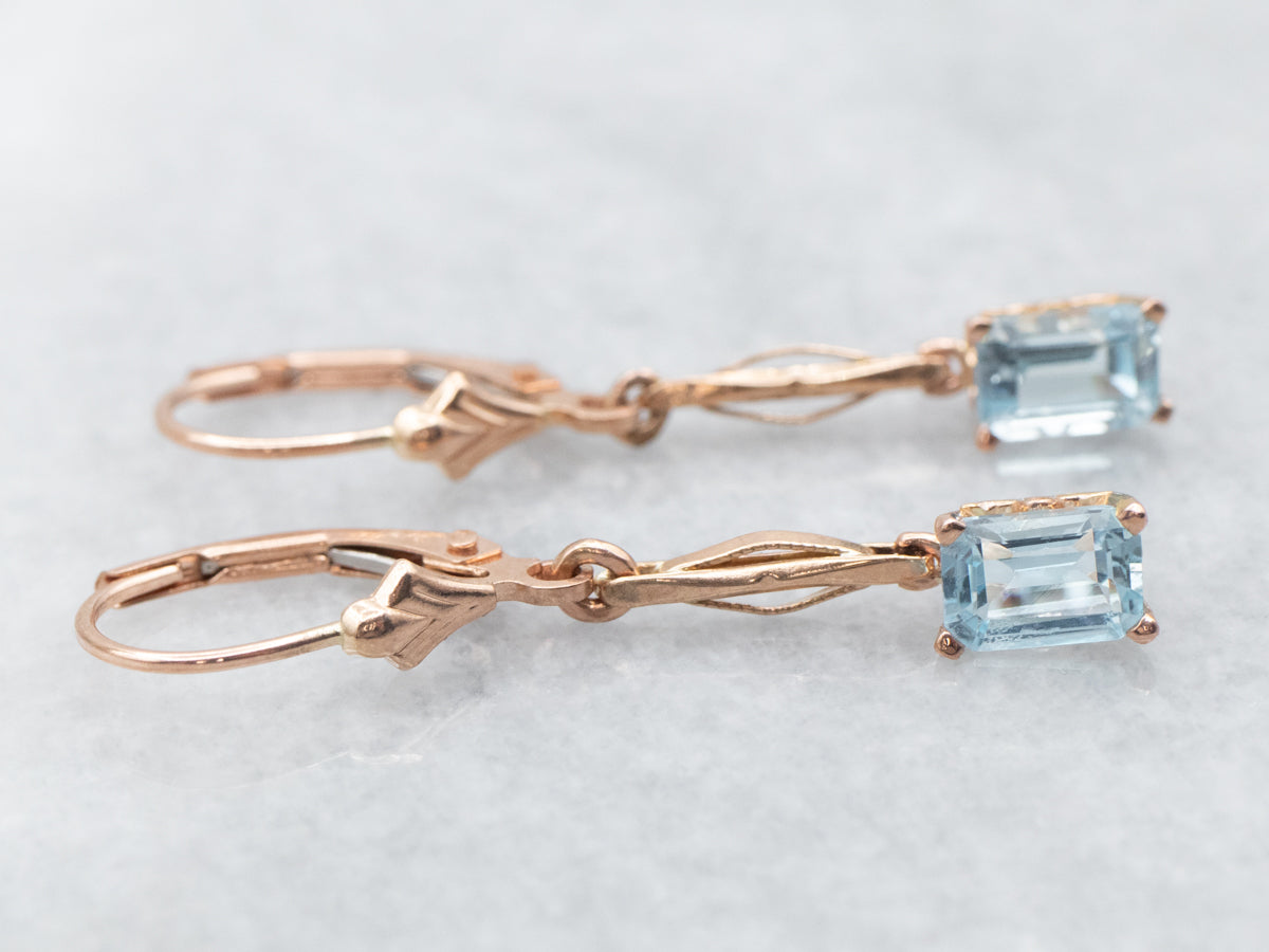 Rose Gold Emerald Cut Blue Topaz Drop Earrings