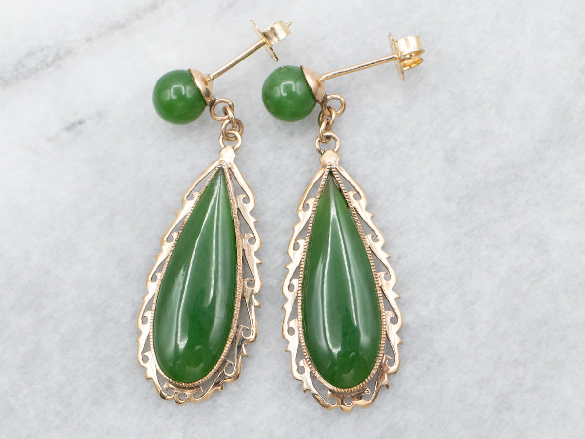 Yellow Gold Pear and Round Cut Jade Drop Earrings