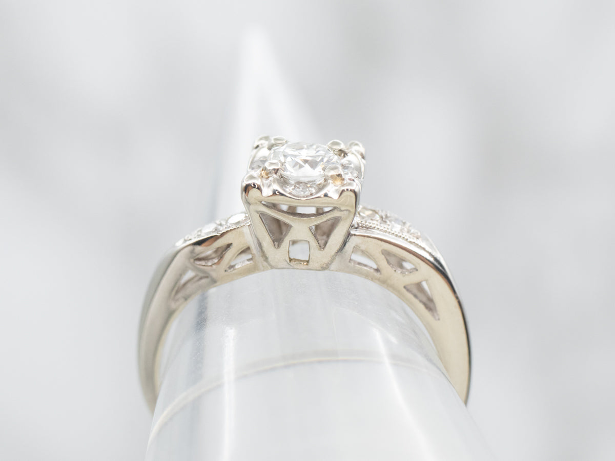 White Gold European Cut Diamond Engagement Ring with Diamond Halo and Diamond Shoulders