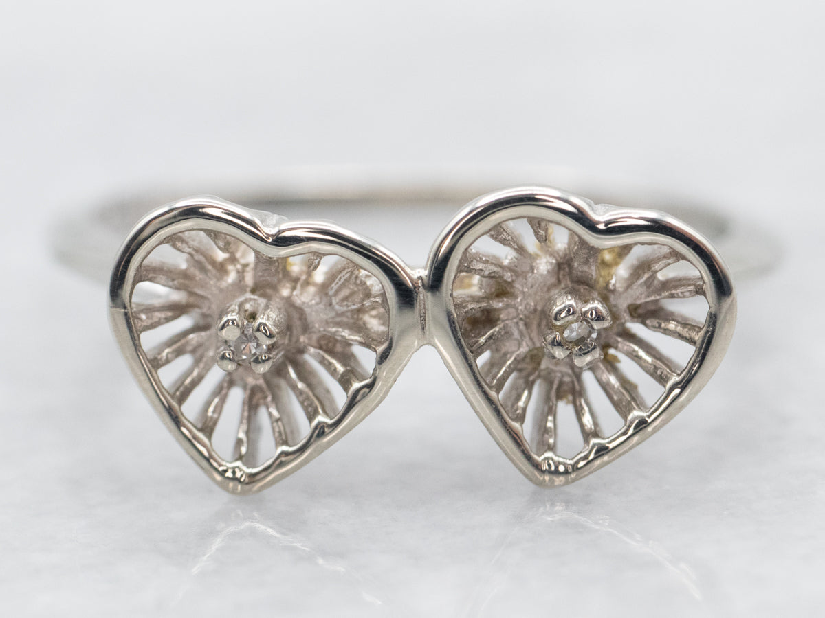 White Gold Hearts Ring with Diamond Accents