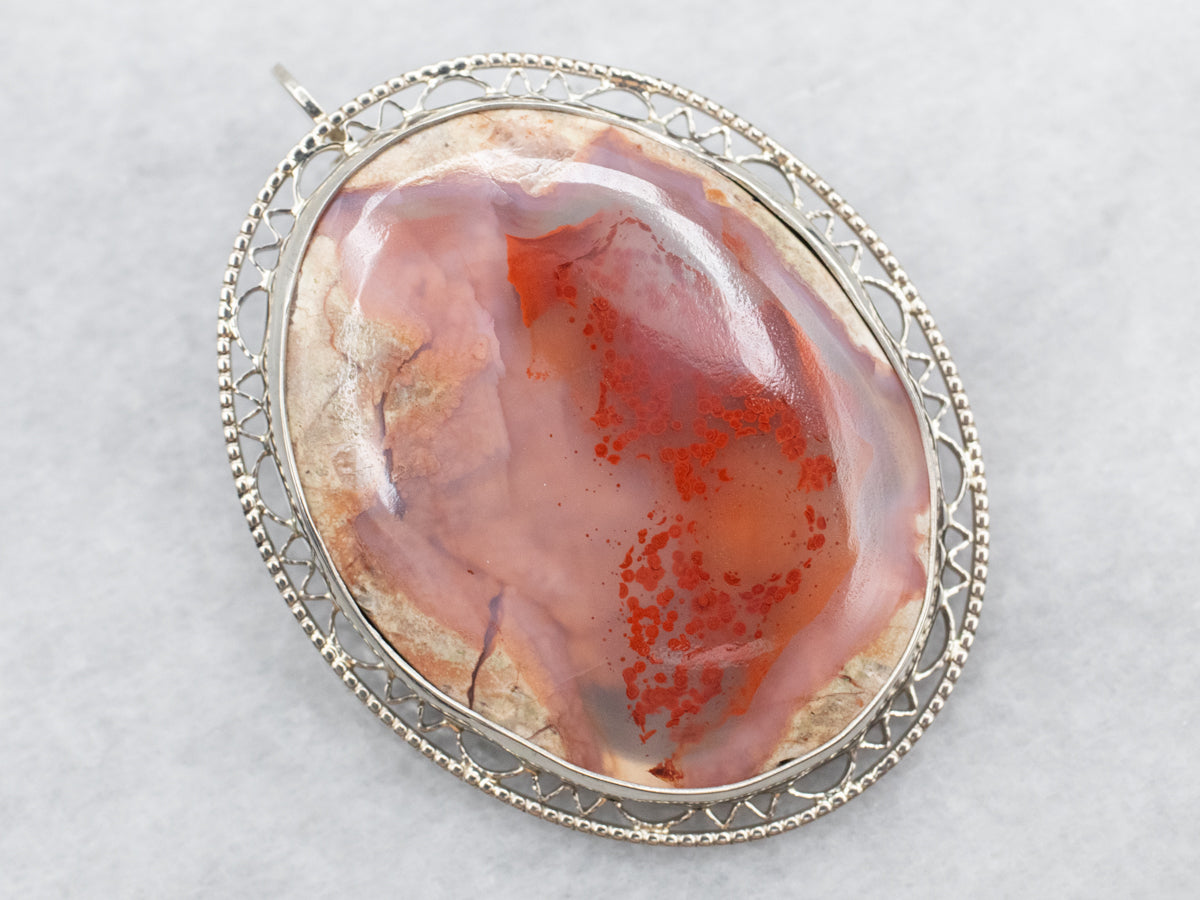 White Gold Agate Brooch or Pendant with Filigree Frame