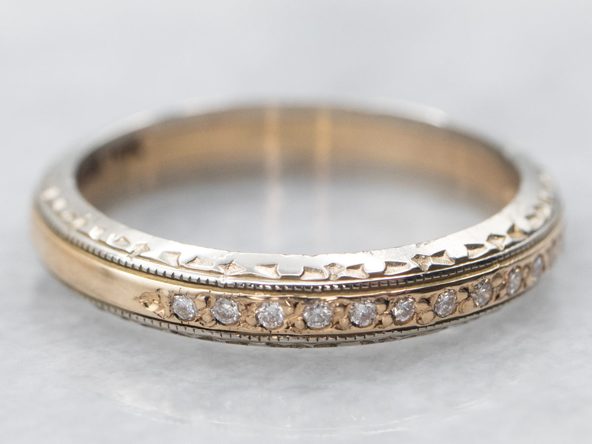 Yellow and White Gold Pave Set Diamond Textured Wedding Band with Milgrain Detail