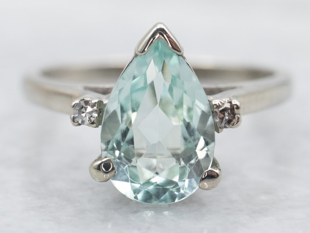 White Gold Pear Cut Beryl Ring with Diamond Accents