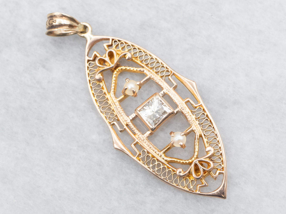 Princess Cut Diamond and Seed Pearl Filigree Pendant